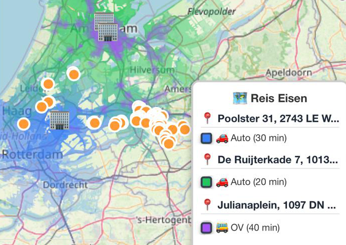 Househugger AI woningzoeker interface met swipe functie en reistijd filters voor het vinden van huizen in Nederland