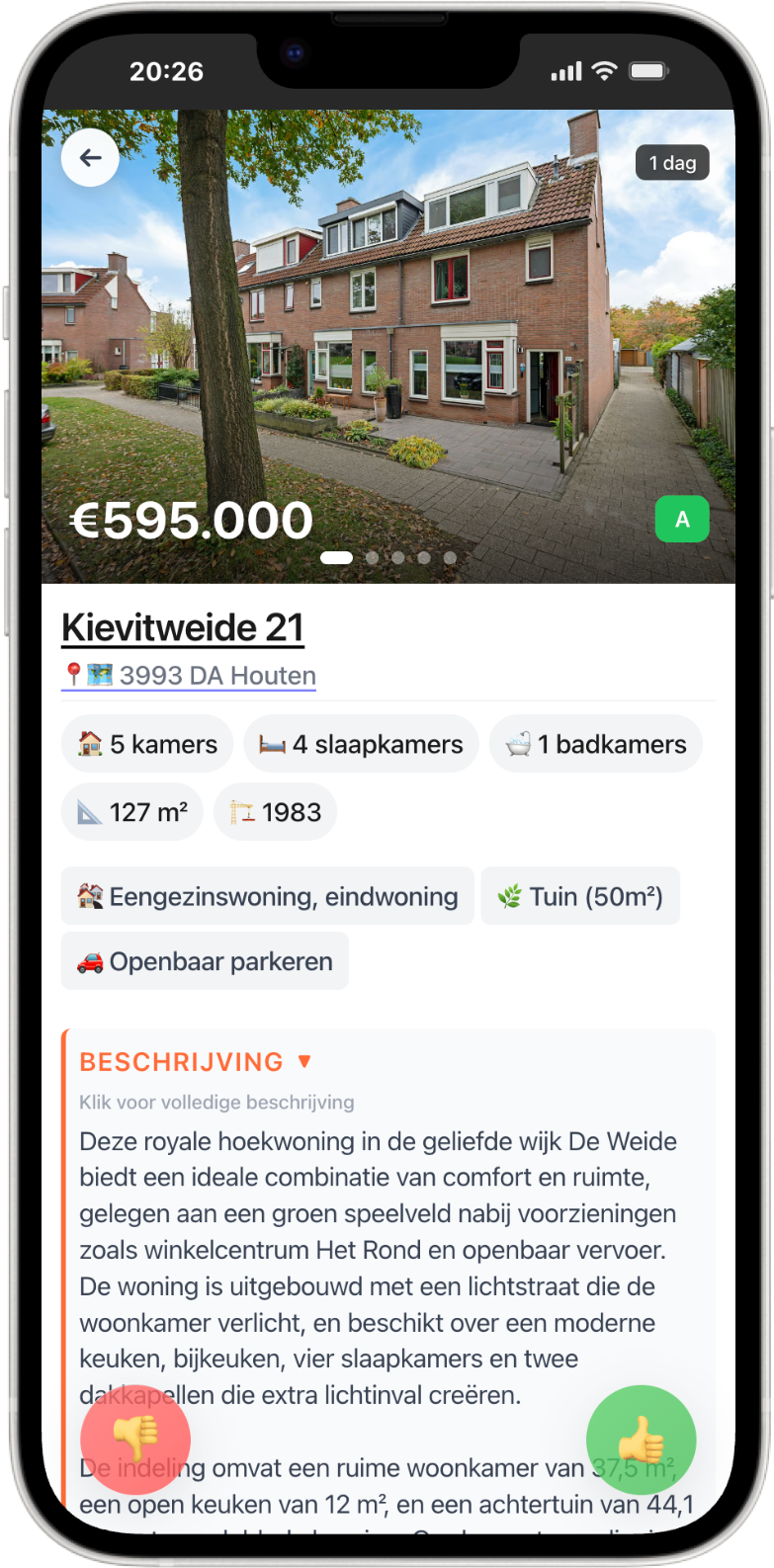 Househugger swipe interface op iPhone voor het matchen met perfecte woningen